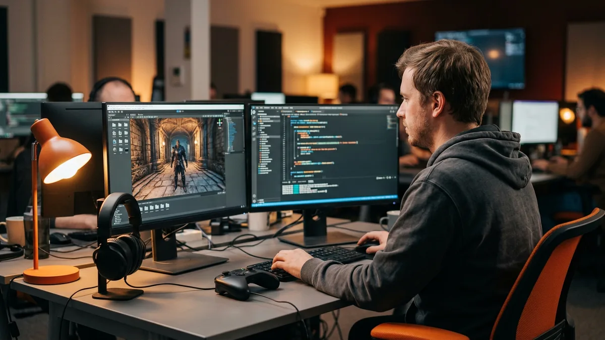 Gameplay engineer at a dual-monitor workstation with a 3D dungeon level in a game editor on one screen and code on the other, controller and headset on the desk