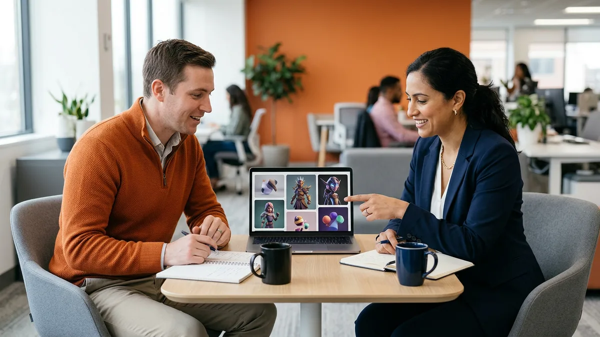 Recruiter in an orange quarter-zip and hiring manager in a navy blazer reviewing a grid of 3D game character art on a laptop during a game developer search meeting