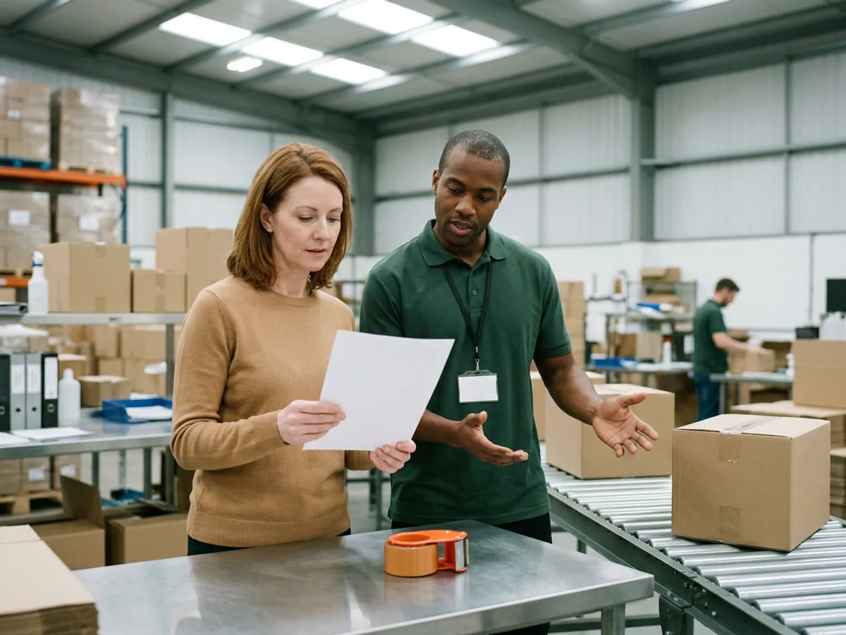 Operations director in a camel sweater reads a printed page while a fulfillment manager in a green polo points to a roller conveyor of sealed shipping cartons, an orange tape dispenser on the steel packing table