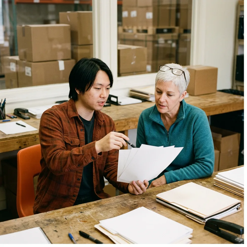 Integration developer in a rust flannel shirt walks an EDI analyst in a teal quarter-zip through printed test results at a warehouse office workbench, an orange chair at the bench