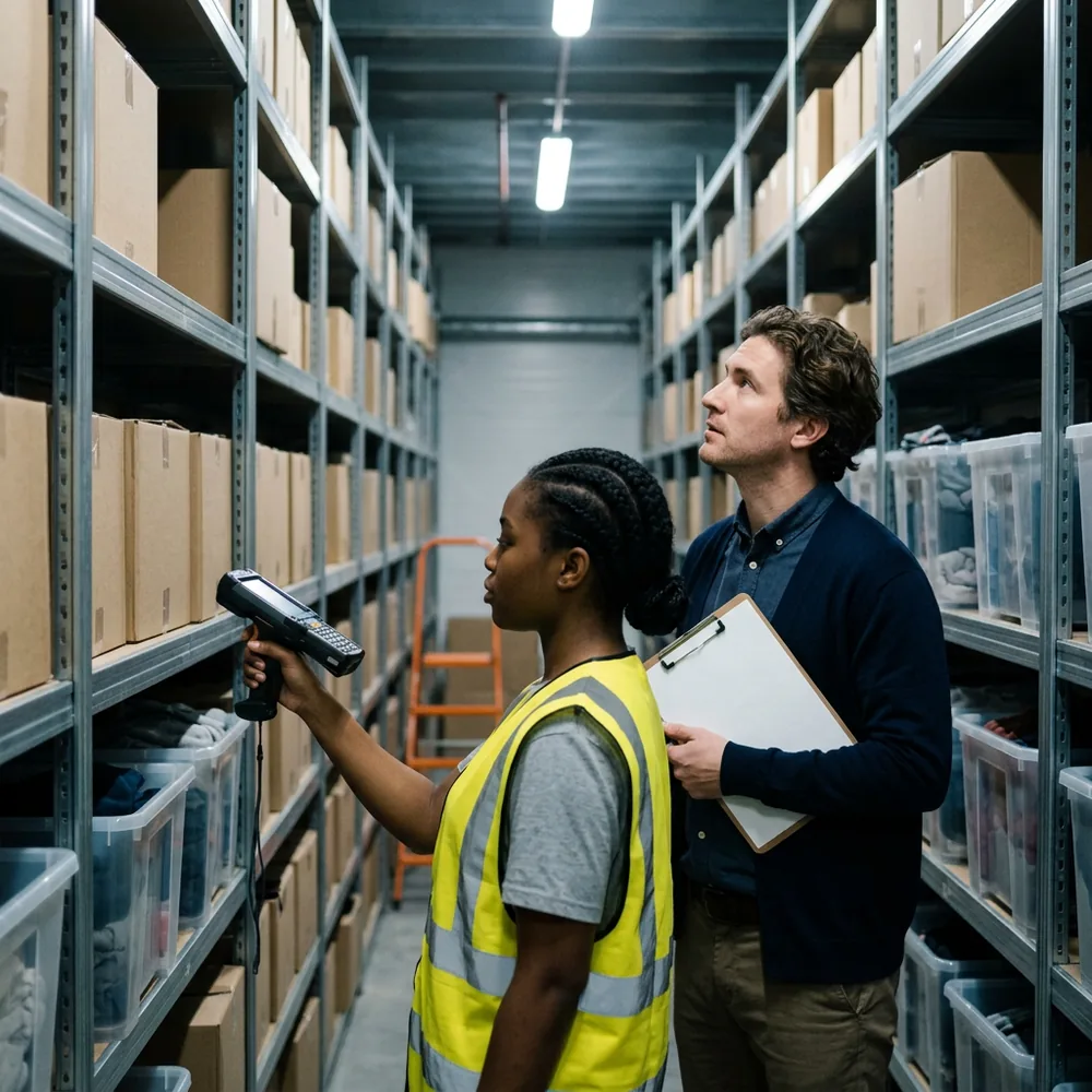 Warehouse associate in a high-visibility vest scans a shelf of cartons and apparel bins with a handheld scanner while an inventory planner in a navy cardigan holds a clipboard and looks up at the top shelf