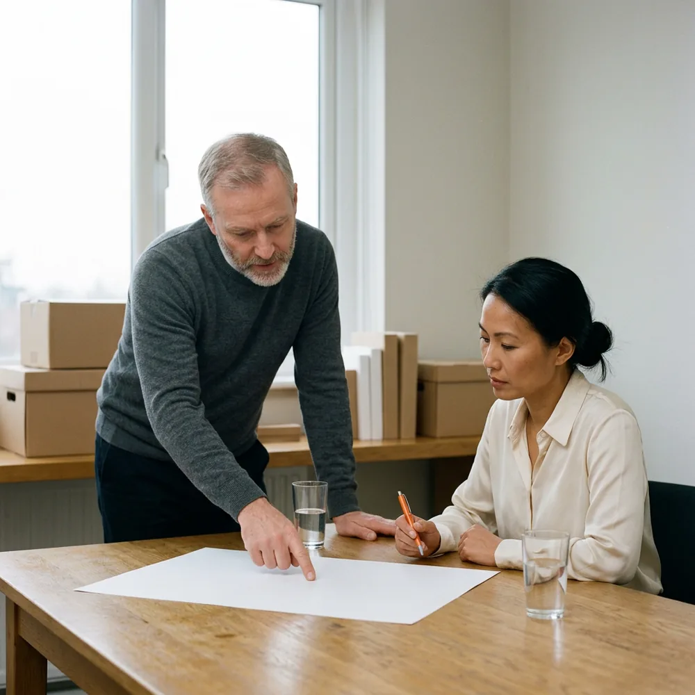 Advisor in a charcoal crewneck points at a single sheet on an oak conference table while a chief financial officer in a cream blouse holds an orange pen and studies it