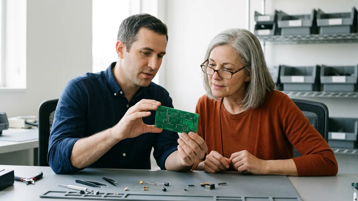 Electrical engineer in a navy shirt holding up a green circuit board for a gray-haired hiring manager in an orange sweater at an electronics lab bench