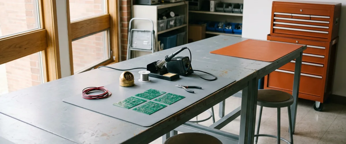 Empty electronics lab workbench with a soldering station, red and black hookup wire, four bare green circuit boards on a gray anti-static mat, and an orange tool chest