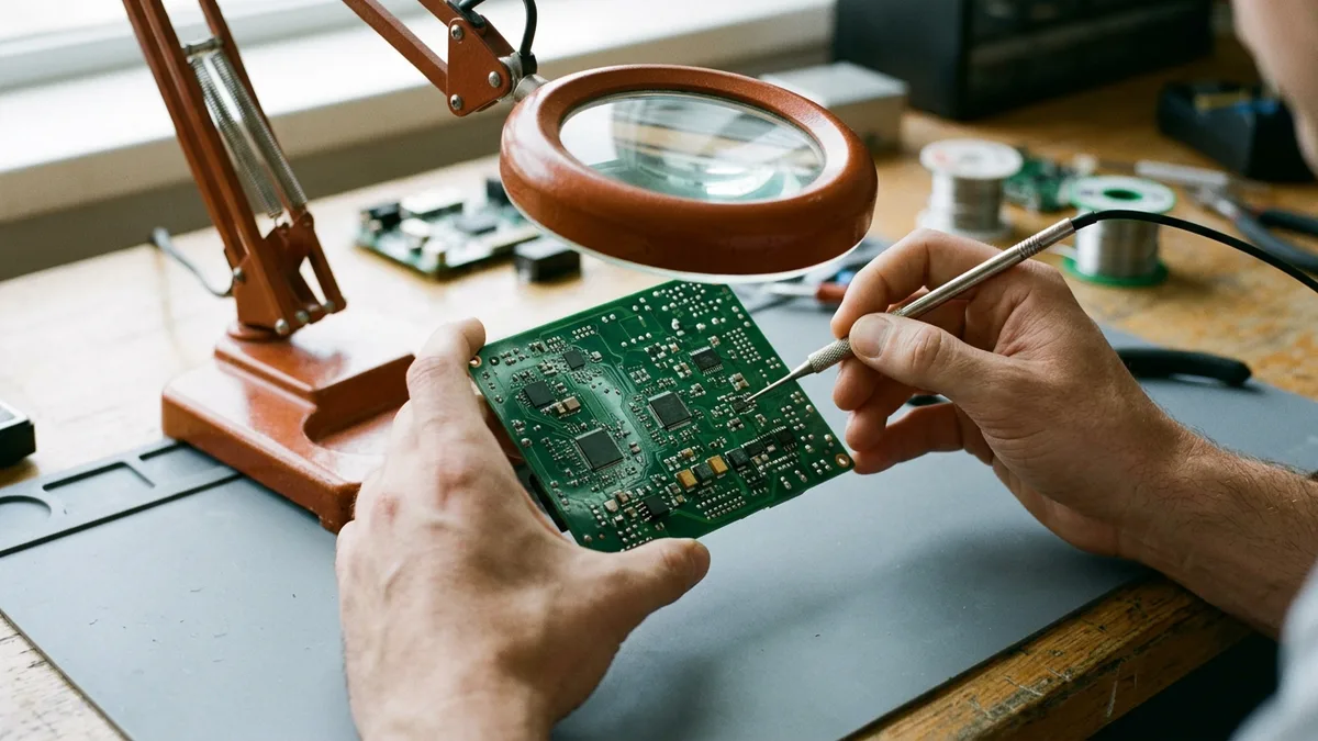 Engineer hands holding a populated green printed circuit board under an orange magnifier lamp and pointing at a component with a metal probe