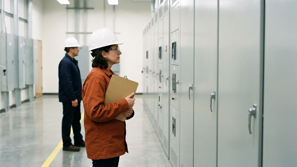 Electrical engineer in an orange arc-rated jacket, white hard hat and safety glasses holding a clipboard beside a gray switchgear lineup while a second worker stands back