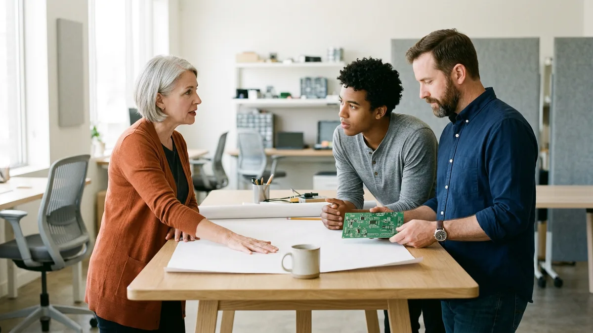 Three electrical engineers at a tall table reviewing a large drawing set and a bare circuit board in a bright engineering office