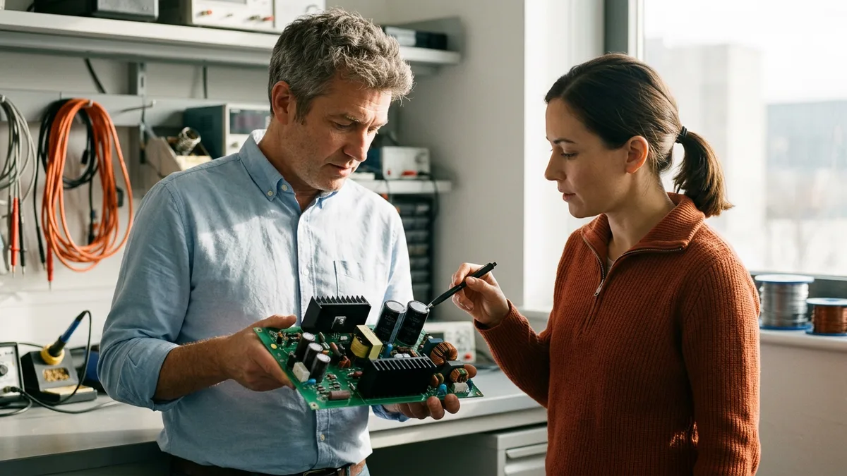 Engineering manager and electrical engineer examining a bare power supply circuit board with a heat sink and large capacitors at a lab bench
