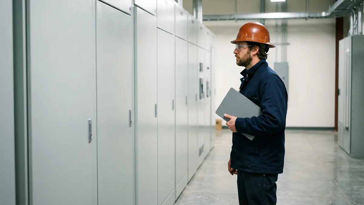 Electrical engineer in a navy arc-rated jacket and orange hard hat inspecting a row of gray metal-clad switchgear cabinets