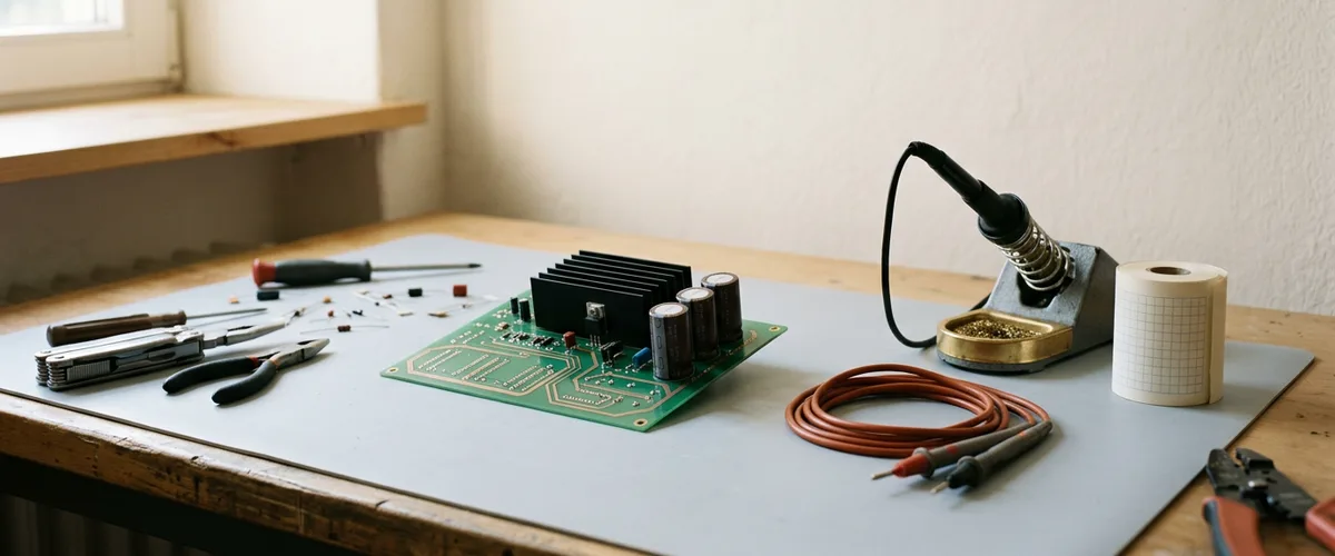 Electrical engineering workbench with a bare power supply circuit board, heat sink, orange test leads, a soldering iron, and a roll of grid paper