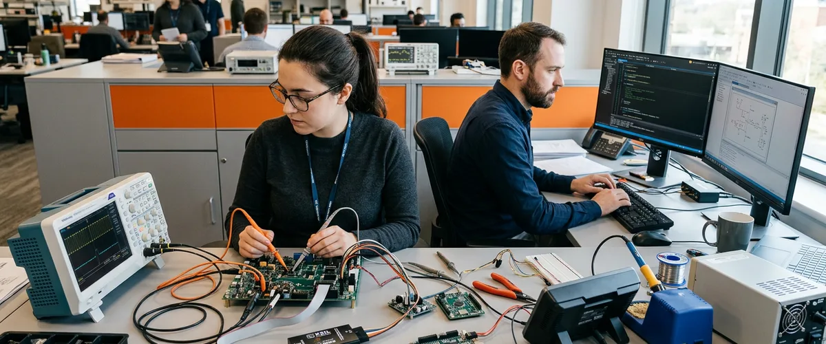Two embedded firmware engineers testing a custom circuit board with an oscilloscope and JTAG debug probe at an electronics lab bench