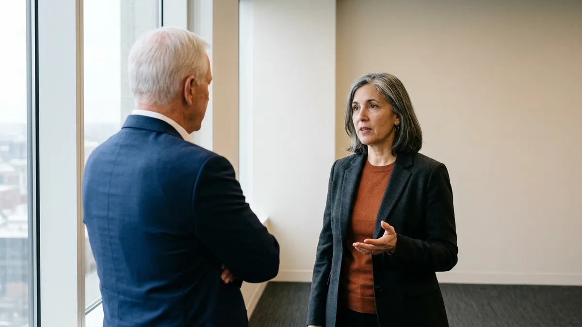 Engineering executive with grey-streaked hair explaining a point with an open-hand gesture to a white-haired board director in a navy suit beside an office window