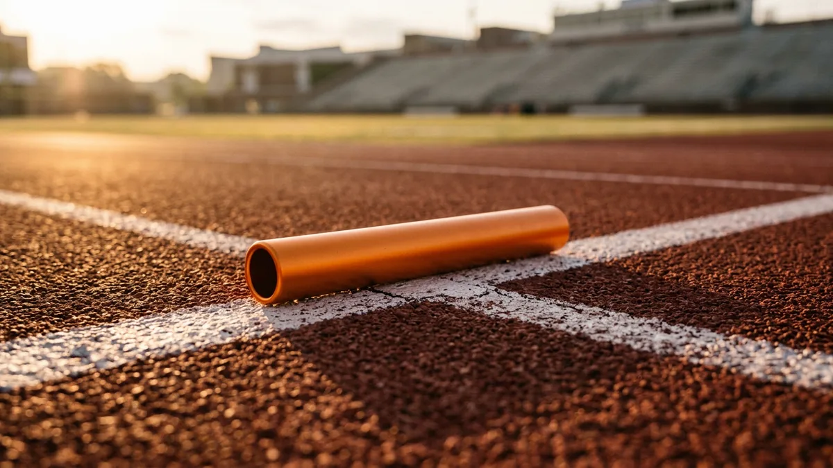 Orange relay baton lying across a lane line on a running track at sunrise, a picture of handing knowledge from a departing engineer to a bridge engineer