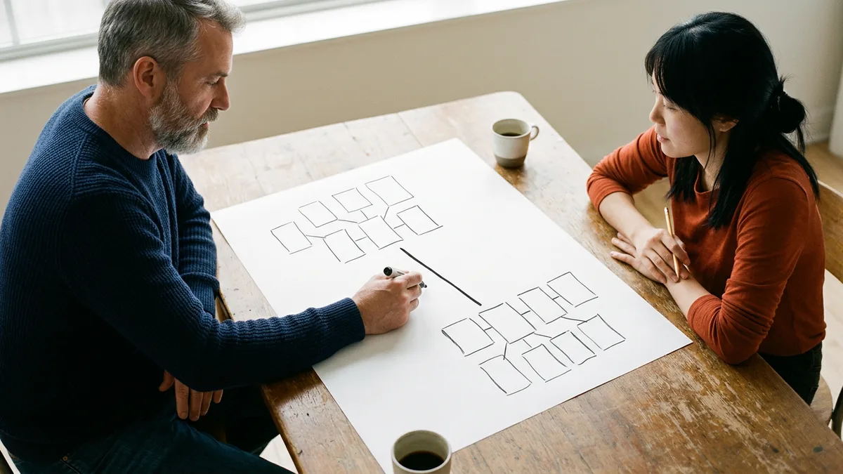 Two engineers at a wooden table sketching two separate clusters of boxes on a large sheet of paper, joined in the middle by a single line drawn in marker