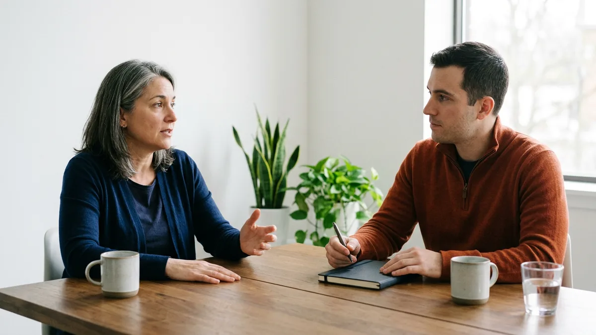 Senior engineer in a navy cardigan explaining a system to a younger engineer in a burnt orange quarter-zip who takes notes at a wooden table