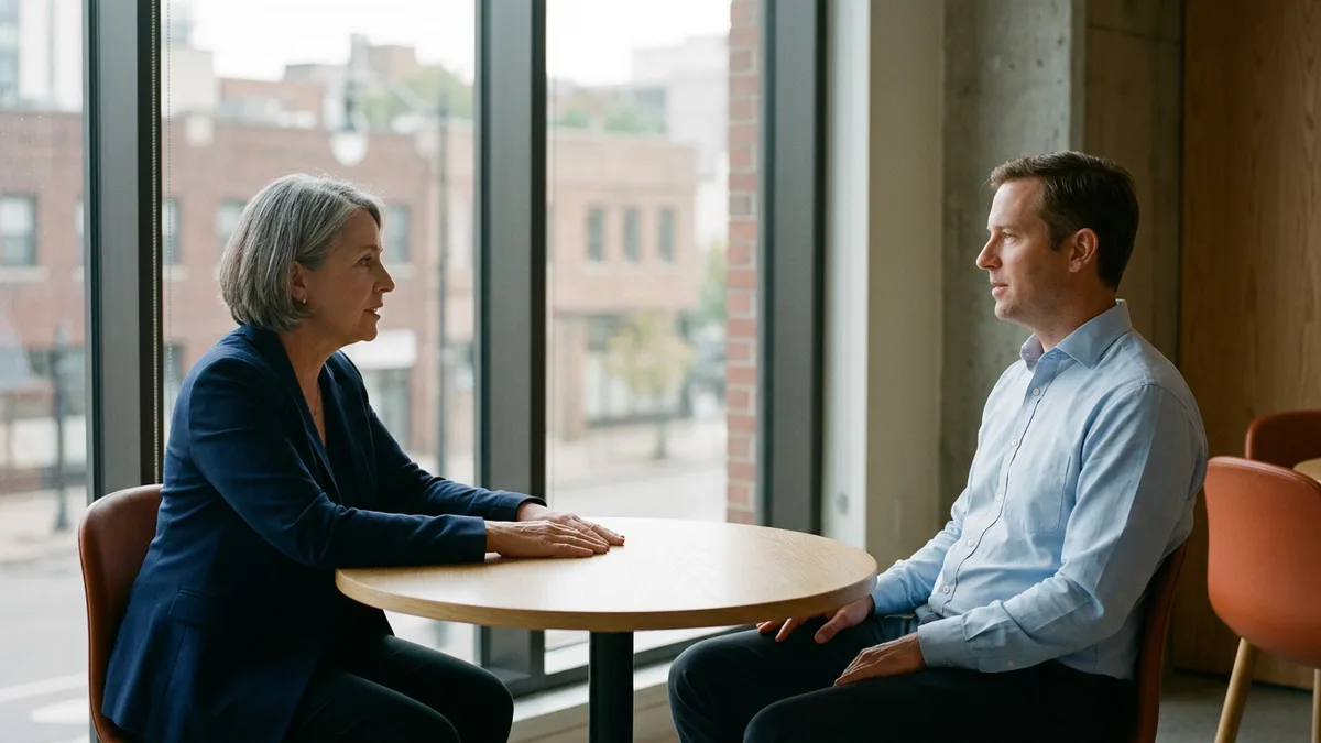 Woman in a navy blazer and man in a light blue shirt talking across a small round oak table by a large window overlooking a brick street