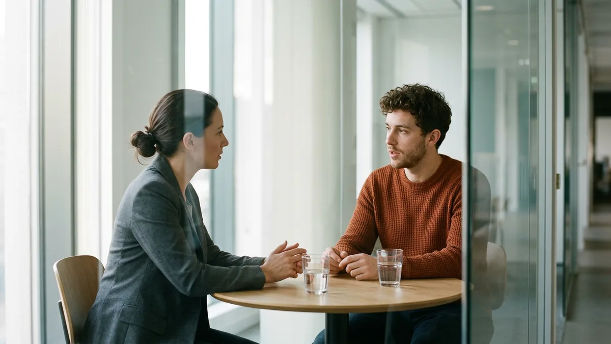 Engineering manager in a gray blazer listening to a software engineer in a burnt orange sweater during a one-on-one at a small round table in a glass meeting room