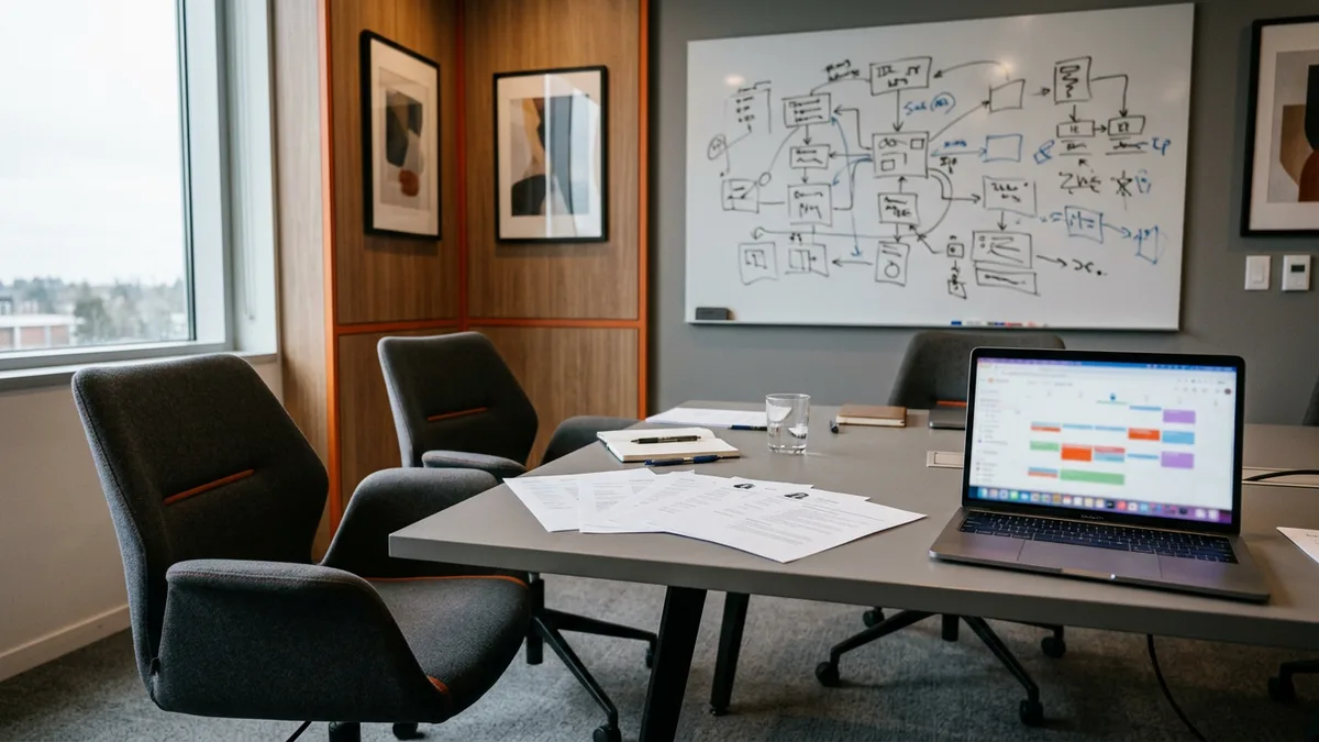 Empty conference room after an engineering hiring debrief with printed resumes on the table, a whiteboard of diagrams, and an open laptop calendar