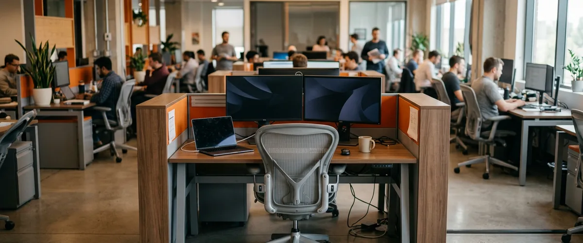 Empty engineering workstation with two dark monitors and a pushed-back mesh chair in a busy open-plan tech office, representing an engineering req left open