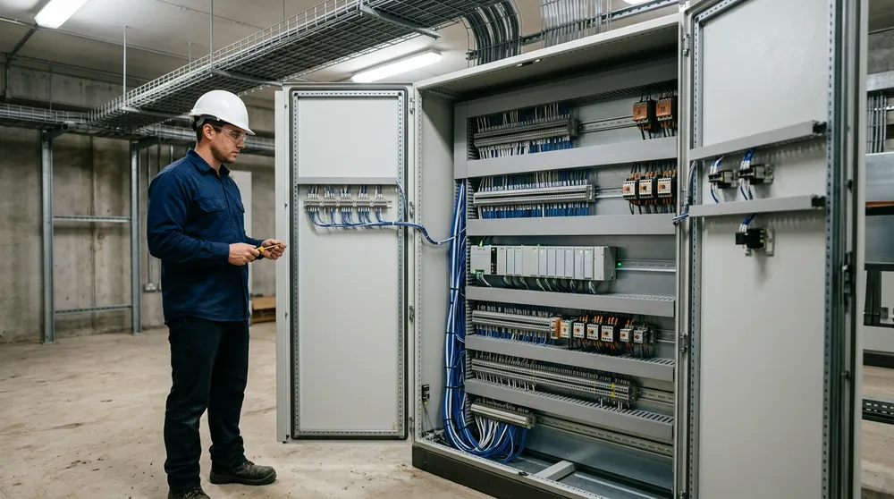Controls engineer in a white hard hat inspecting terminal blocks and blue control wiring inside an open grey industrial control cabinet