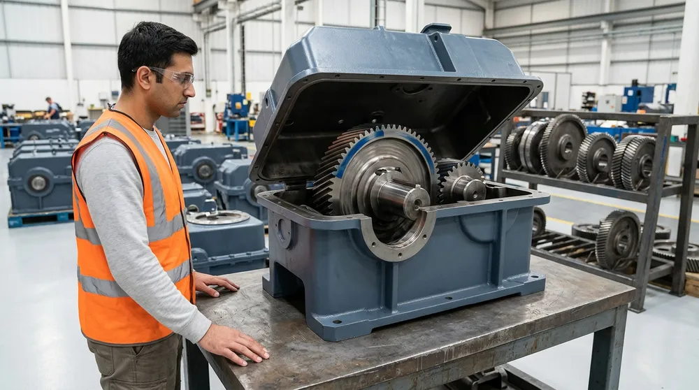 Manufacturing engineer in an orange safety vest leaning over an open industrial gear reducer to check blue layout dye on the teeth of a large helical gear