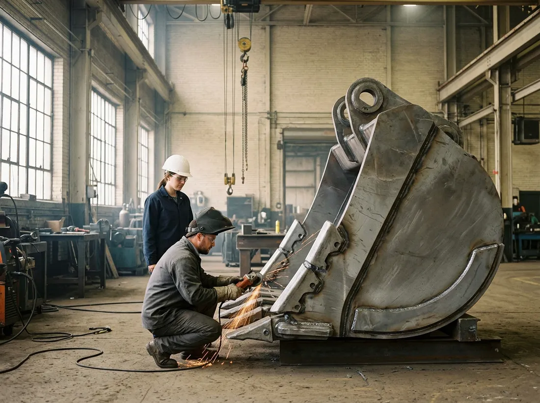 Mechanical engineer in a white hard hat watching a welding technician grind a weld seam on a huge steel mining excavator bucket in a cream brick Milwaukee fabrication bay