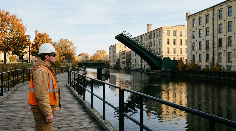 Civil engineer in a white hard hat and orange vest on a riverwalk looking toward a green steel bascule bridge in front of cream brick warehouses in Milwaukee