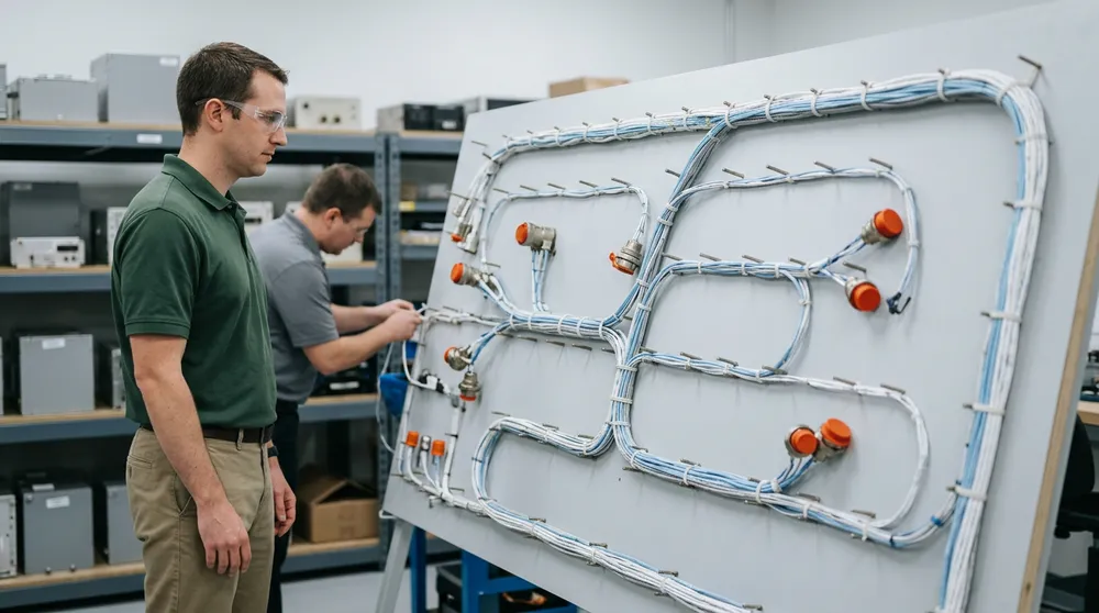 Electronics engineer in a green polo studying an aircraft wiring harness laid out on a large grey formboard with orange connector caps while a technician laces the harness behind him