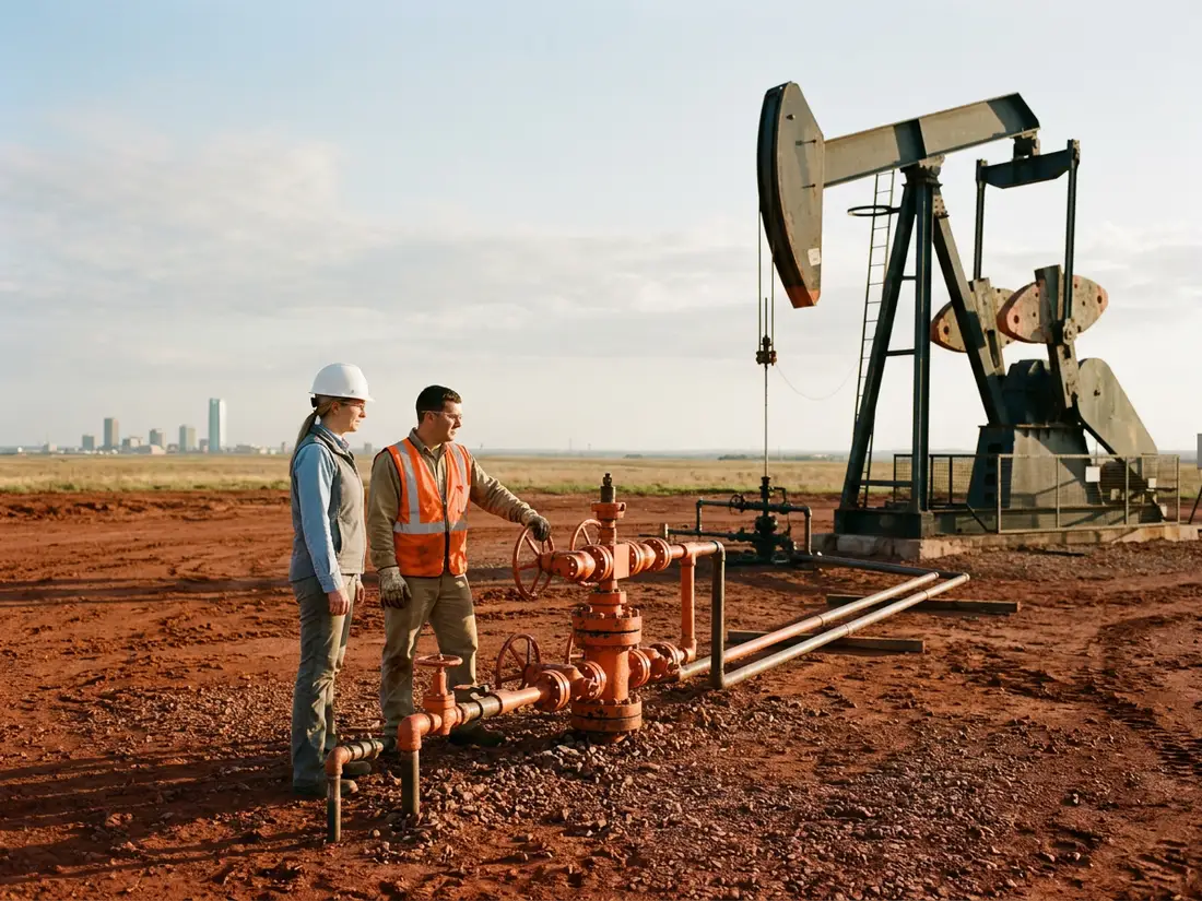 Petroleum engineer in a white hard hat and a field technician in an orange vest at an orange wellhead beside a pumpjack on red Oklahoma soil, with the Oklahoma City skyline on the horizon