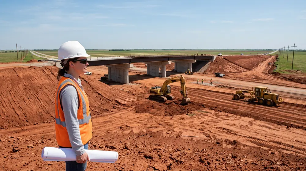 Civil engineer in a white hard hat and orange vest holding rolled drawings on red clay earthwork as an excavator and a motor grader shape embankments below a new highway overpass