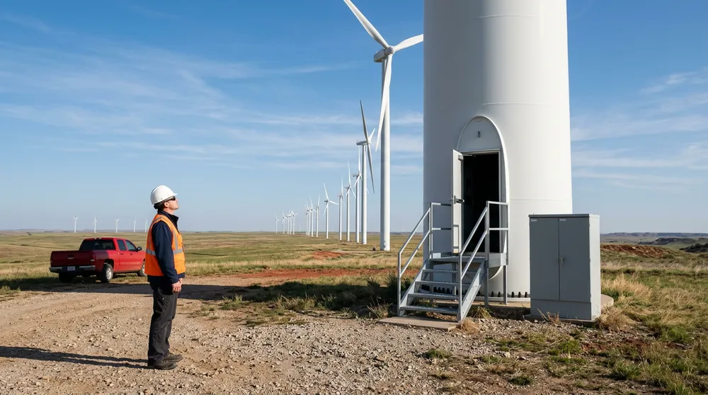 Electrical engineer in a white hard hat and orange vest looking up at a white wind turbine tower beside its open door and grey electrical cabinet, a row of turbines across Oklahoma grassland