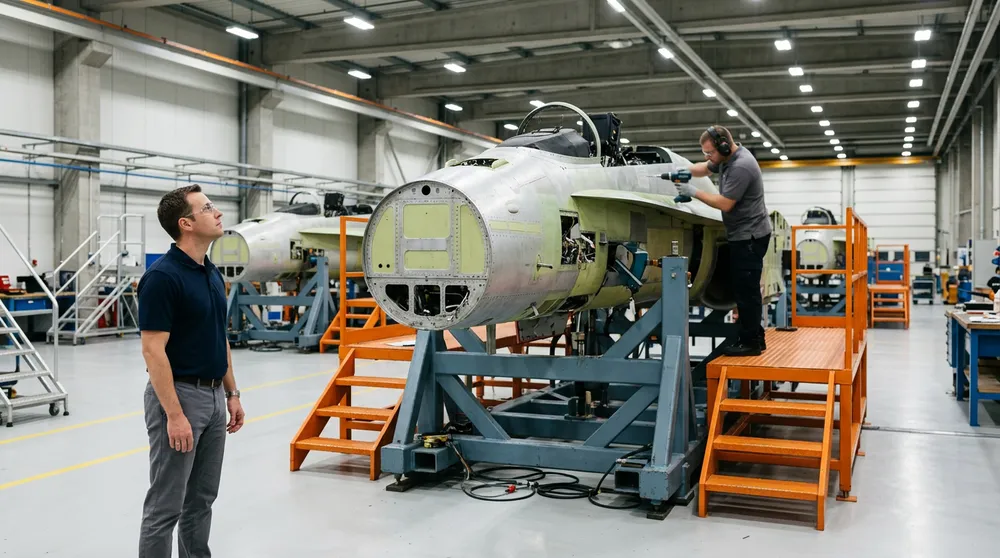 Mechanical engineer in a navy polo looking up at an unpainted fighter jet forward fuselage held in a blue steel assembly jig with orange work platforms while a technician drills the skin