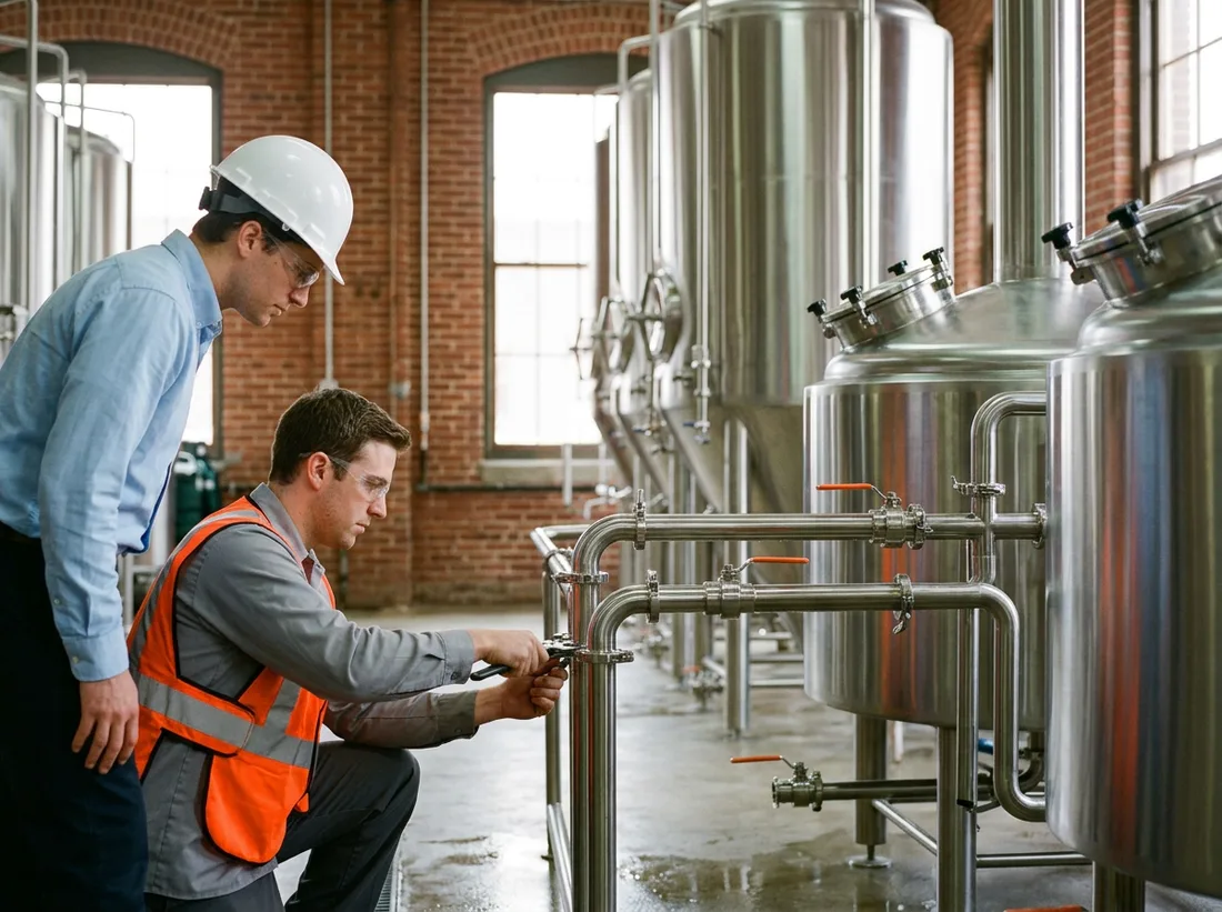 Mechanical engineer in a white hard hat watching a mechanical technician in an orange vest tighten a sanitary clamp on stainless steel process piping in a red brick St. Louis brewhouse