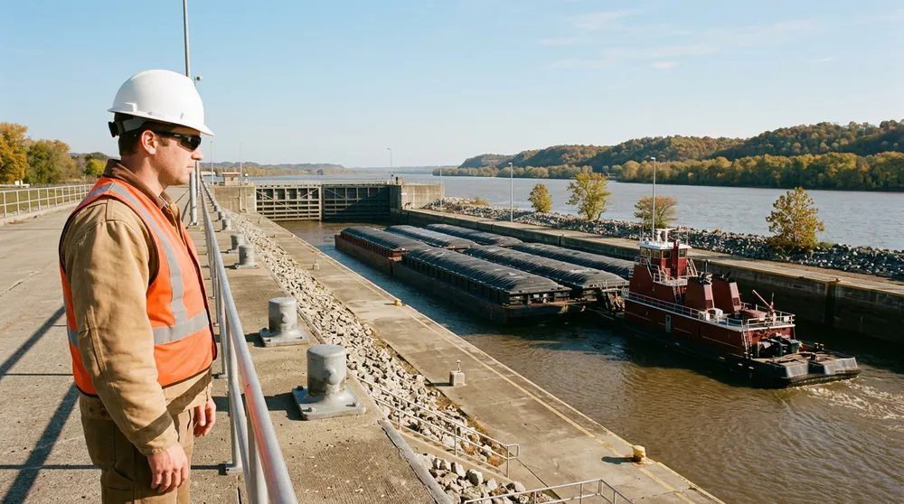 Civil engineer in a white hard hat and orange vest standing on a Mississippi River lock wall as a red towboat pushes covered barges through the lock chamber below wooded autumn bluffs