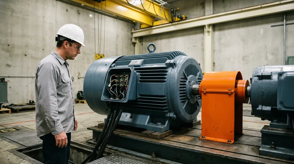 Electrical engineer in a white hard hat inspecting the open terminal box of a large blue-grey industrial electric motor coupled behind an orange guard on a test bedplate
