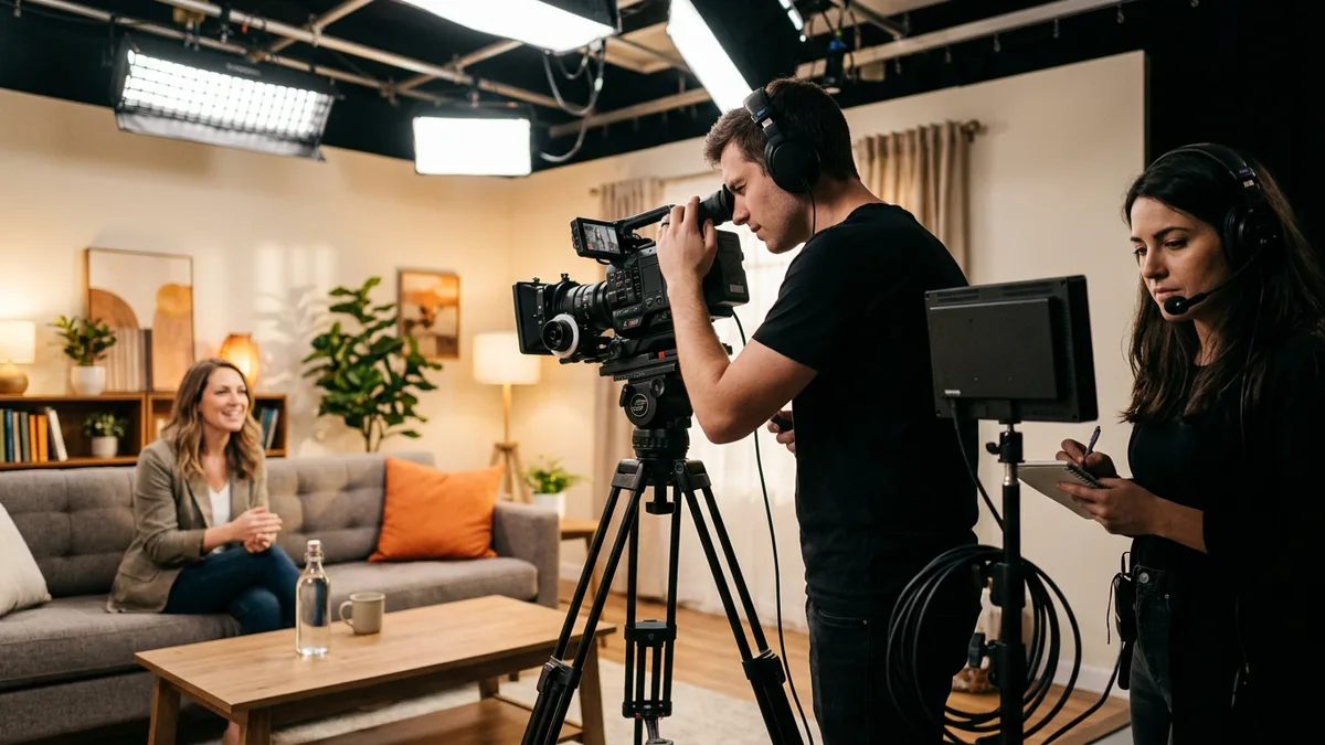 Camera operator and producer in a headset filming a branded content segment on a living room television set with a gray sofa and an orange pillow