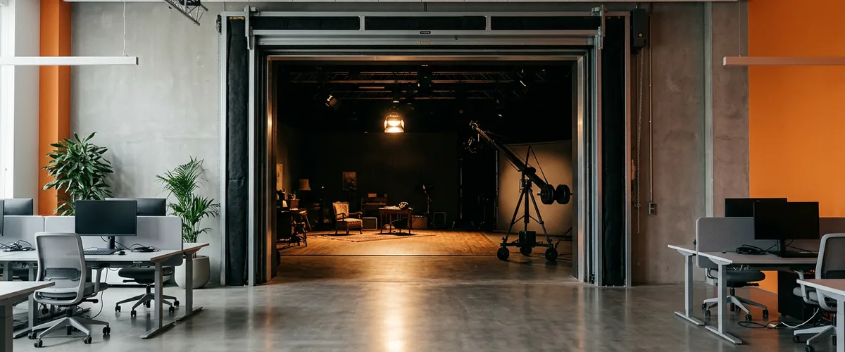 Open soundstage door between a creative agency studio and a dark film stage lit by a single warm spotlight, showing the line between agency and entertainment work