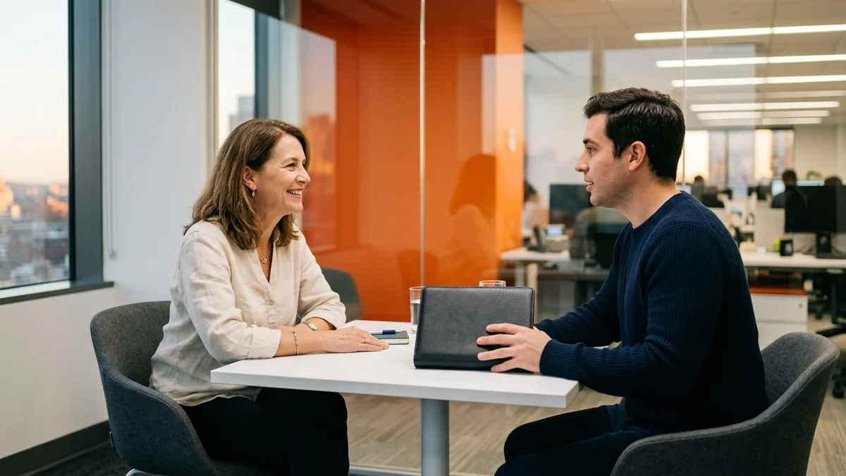 Recruiter talking with a marketing candidate holding a black portfolio book in a glass-walled meeting room with an orange accent wall behind them