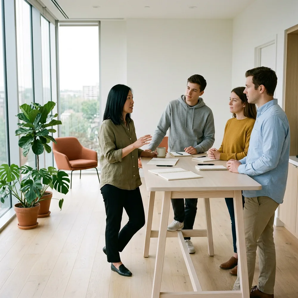 Four members of an in-house marketing team standing around a high wooden table in a bright open office with plants, one woman leading the conversation, an orange lounge chair nearby