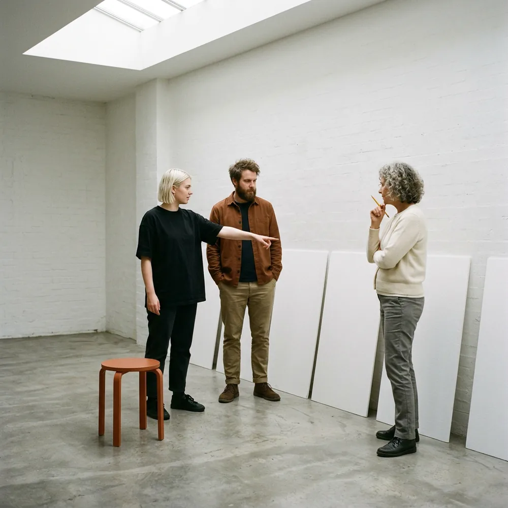 A creative team in an agency studio studying a row of tall blank white poster boards leaned along a wall, one designer pointing toward them, an orange stool nearby