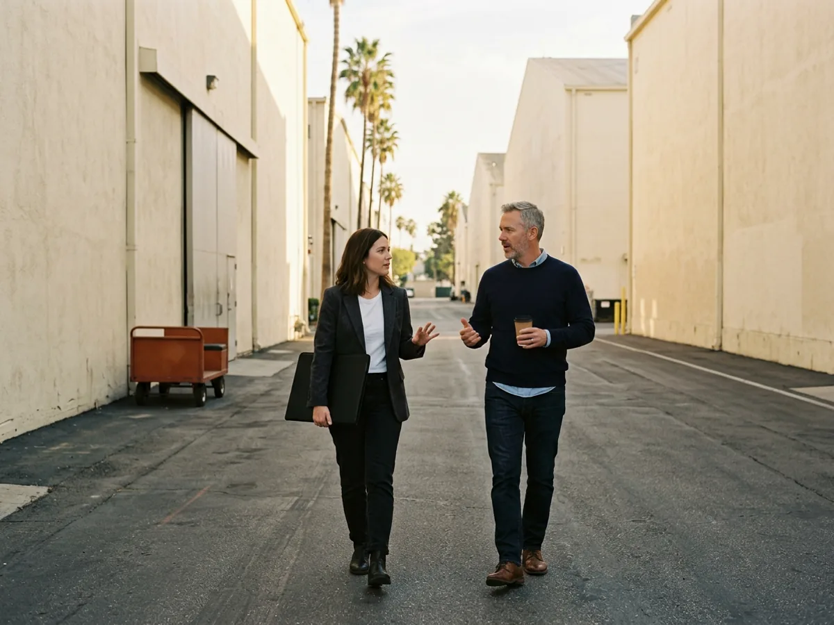 Two marketing colleagues walking down a quiet studio backlot street between tall cream soundstage buildings, one carrying a large black portfolio case, an orange utility cart parked by a stage door