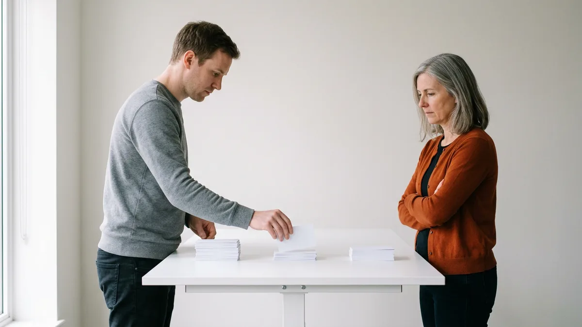 A man in a grey sweater placing a blank index card on the middle of three piles while a colleague in an orange cardigan watches with folded arms