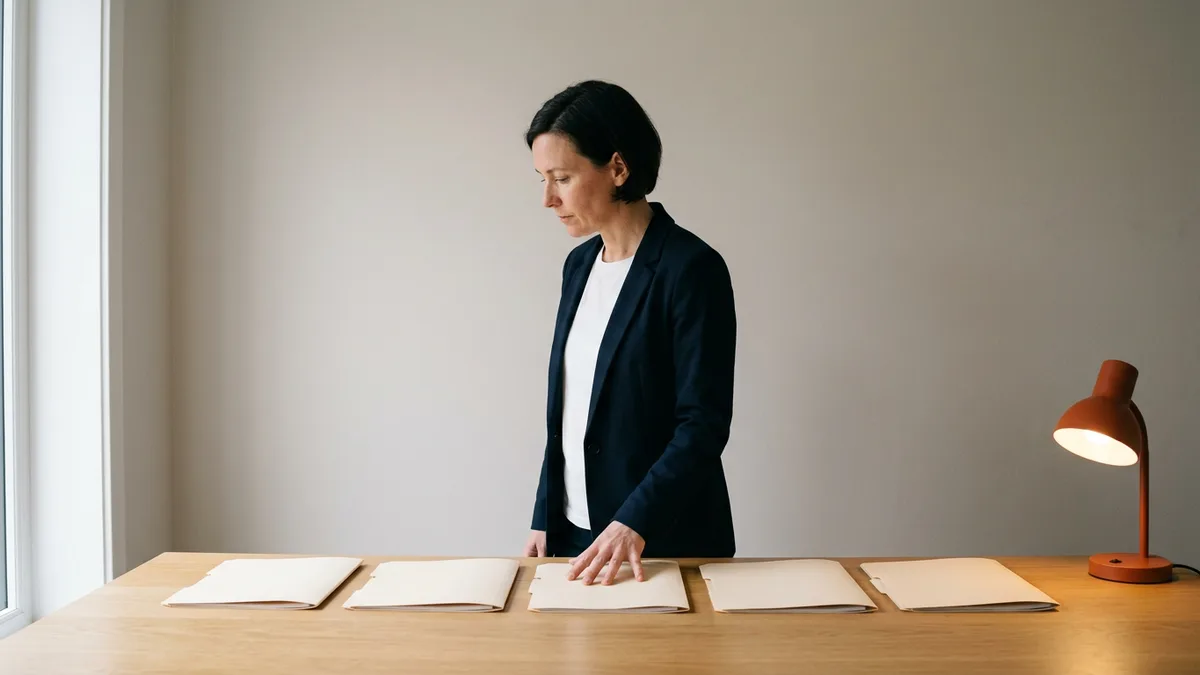 A woman in a navy blazer standing at an oak desk with her hand on the middle of five plain manila folders laid in a row, an orange desk lamp at the far end