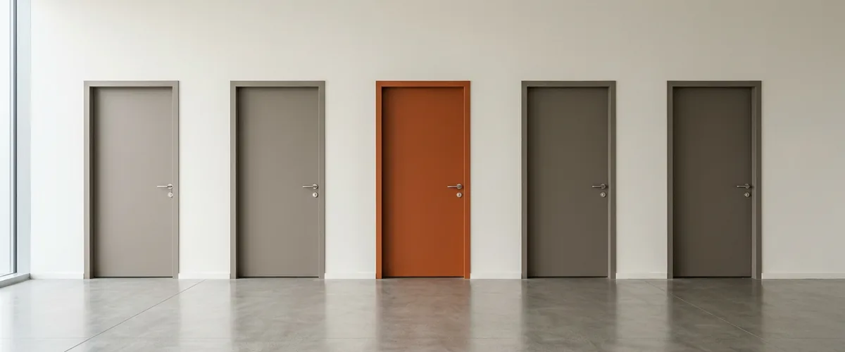 Five identical closed doors in a row along an office corridor wall, four grey and the middle one burnt orange