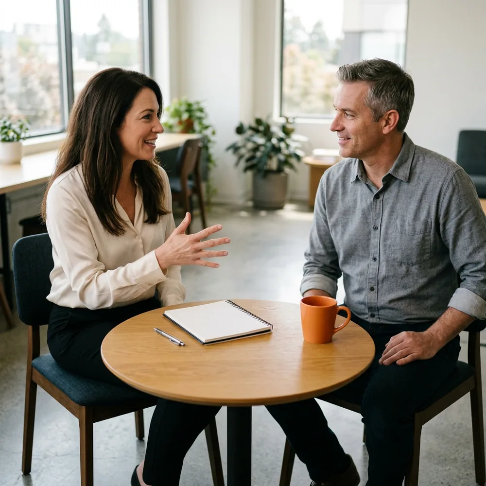Staffing account manager explaining a point to a hiring manager across a small round table with a blank notebook between them