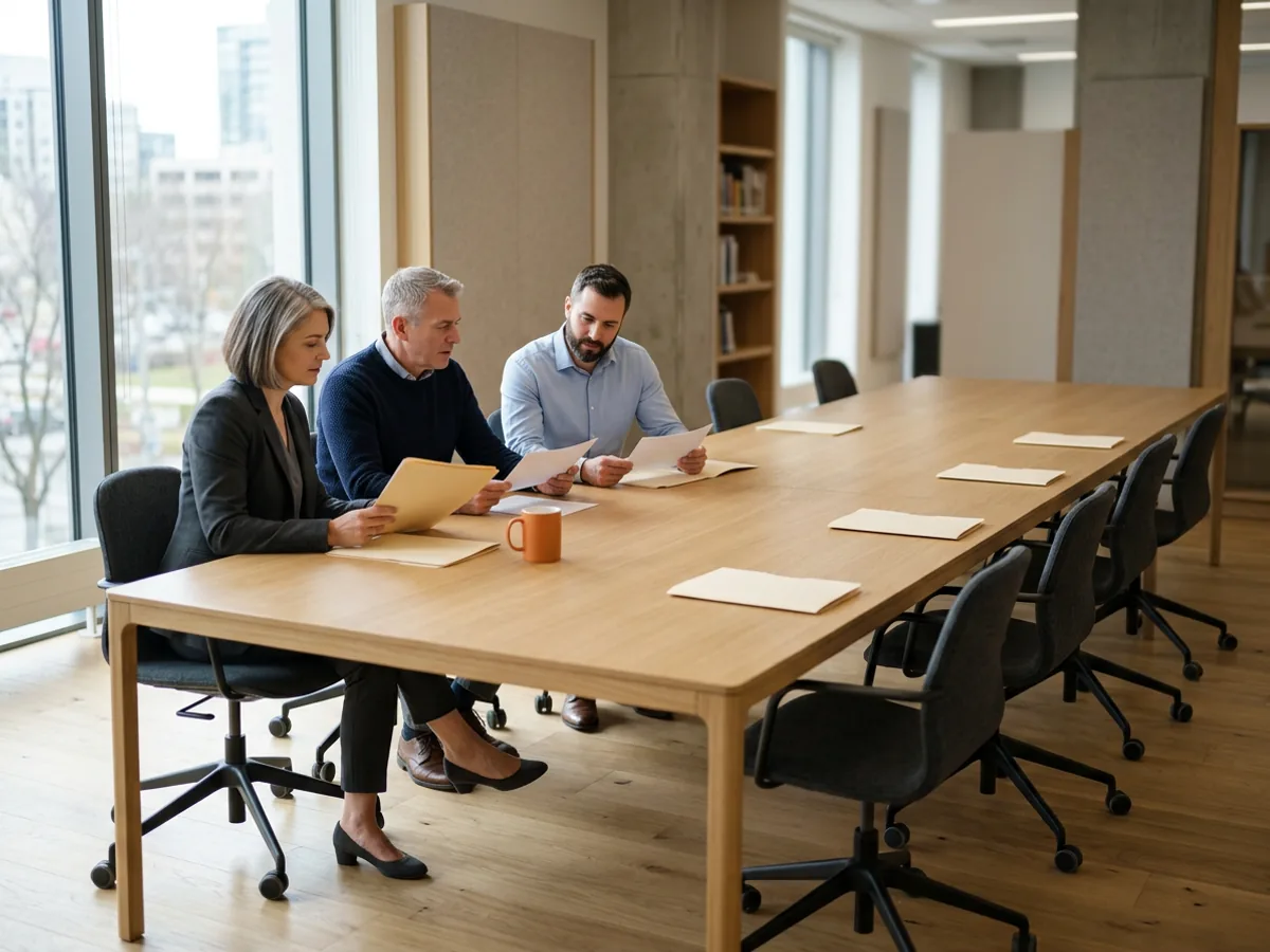 Finance controller, IT director and contract ERP consultant working through folders at one end of a long conference table with five empty chairs