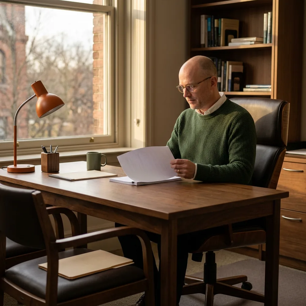Finance director reading a thin proposal at his desk with an empty chair beside him holding a blank folder
