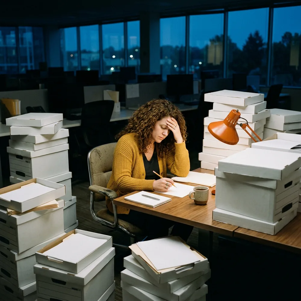 Lone controller at her desk at dusk surrounded by tall stacks of document boxes with a desk lamp lit