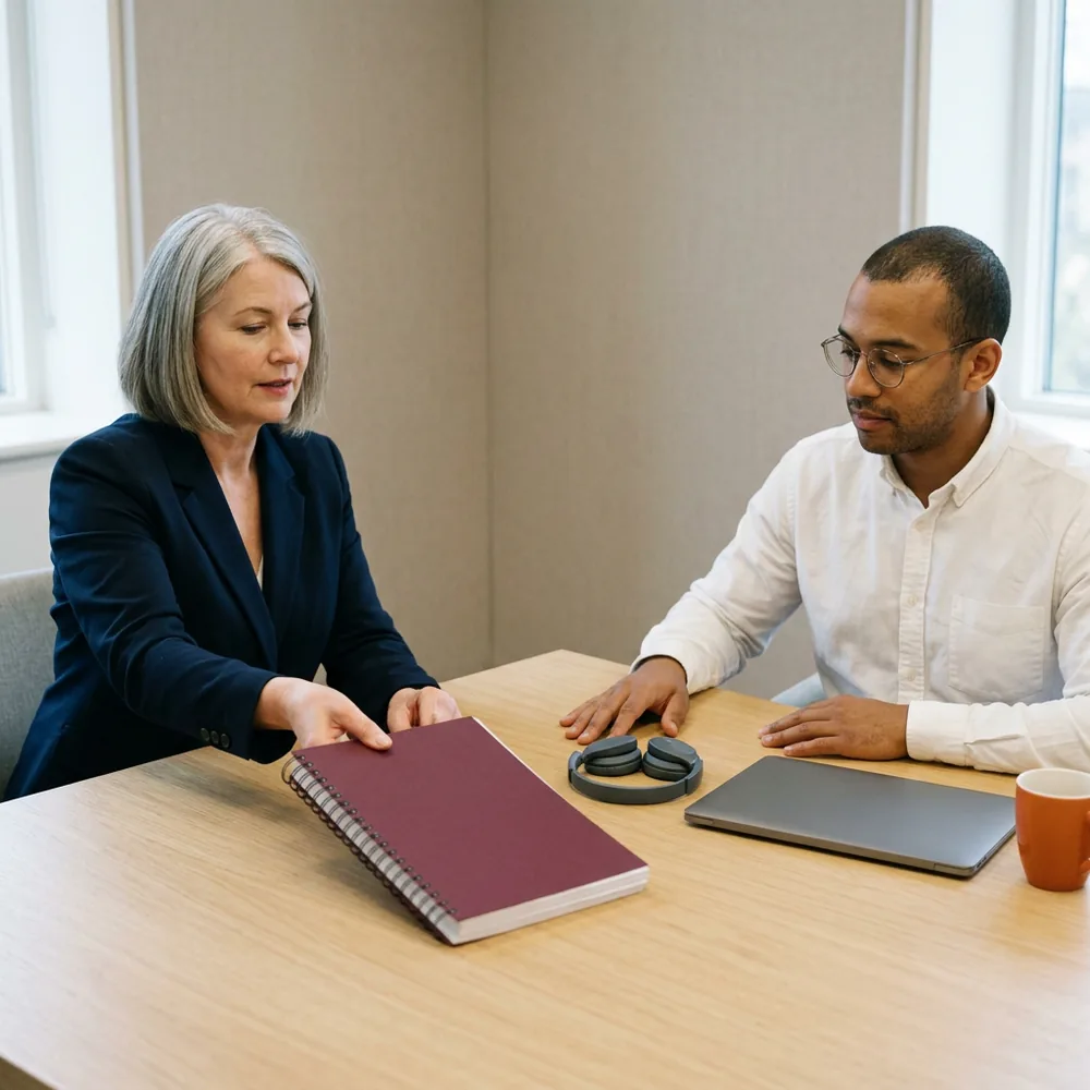 Project manager in a navy blazer slides a blank burgundy spiral binder across a pale oak table to a support lead in a white shirt, with a headset, a closed laptop and an orange mug beside it