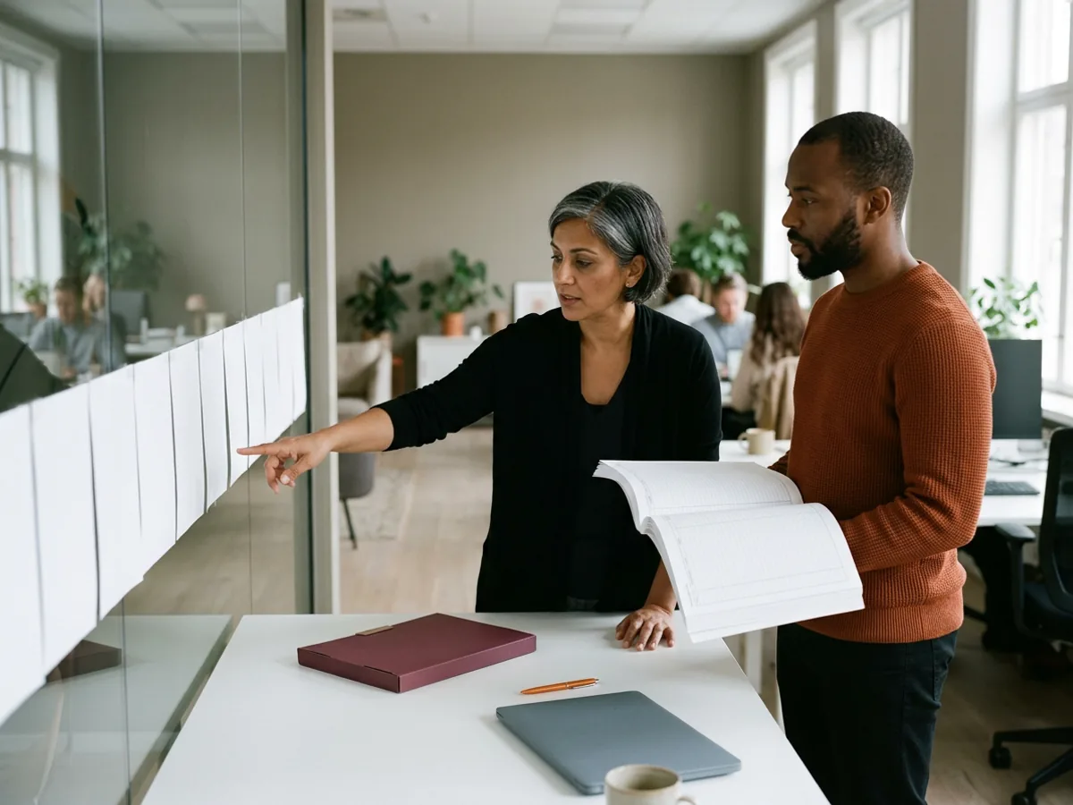 Project manager in a black cardigan points along a row of blank paper strips taped to a glass wall while a data analyst in a rust sweater holds an open blank ledger beside a burgundy folder, an orange pen and a closed laptop